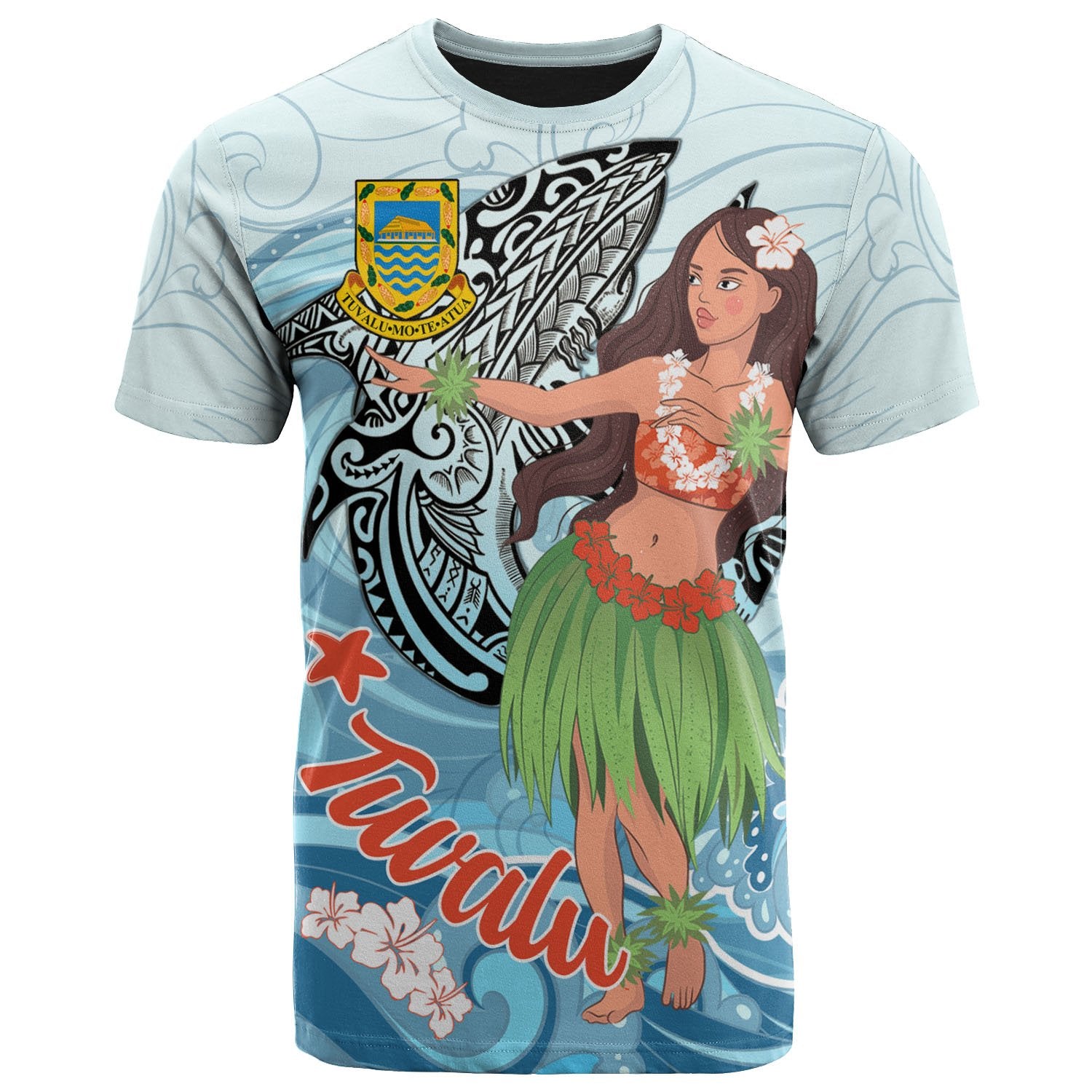 Tuvalu T Shirt Polynesian Girls With Shark Unisex Black - Polynesian Pride