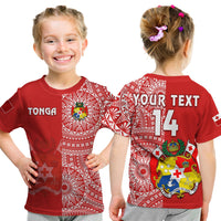 (Custom Text and Number) Tonga T Shirt Tongan Coat of Arms Ngatu Pattern LT14 Kid Red - Polynesian Pride