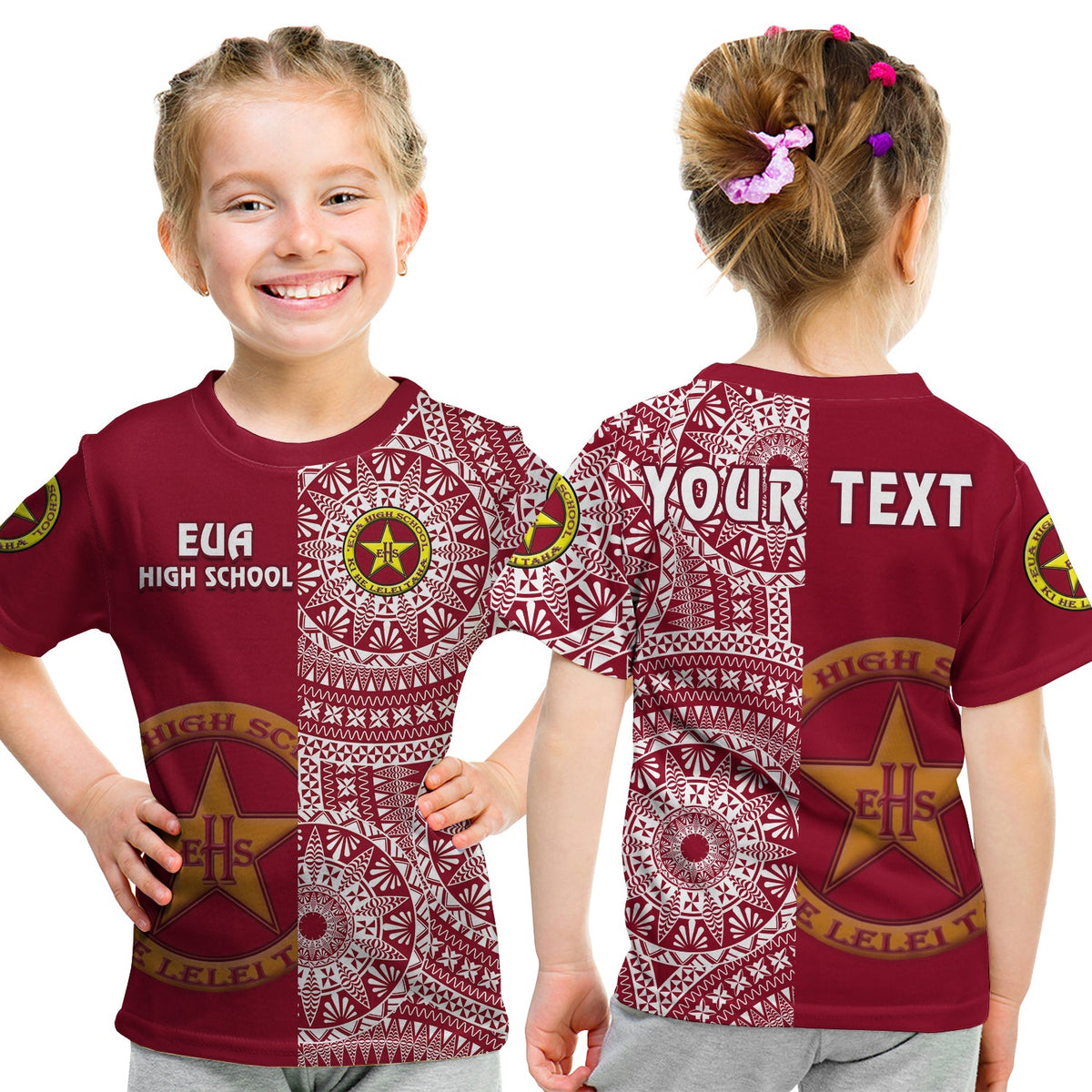 Custom Tonga Eua High School T Shirt Tongan Ngatu Pattern LT14 Kid Maroon - Polynesian Pride