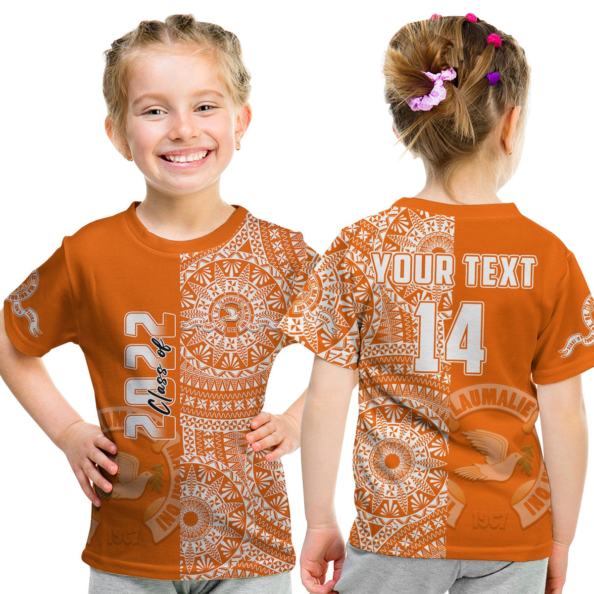 (Custom Text and Number) Tailulu Tonga College T Shirt Class of Year Tongan Ngatu Pattern LT14 Kid Orange - Polynesian Pride