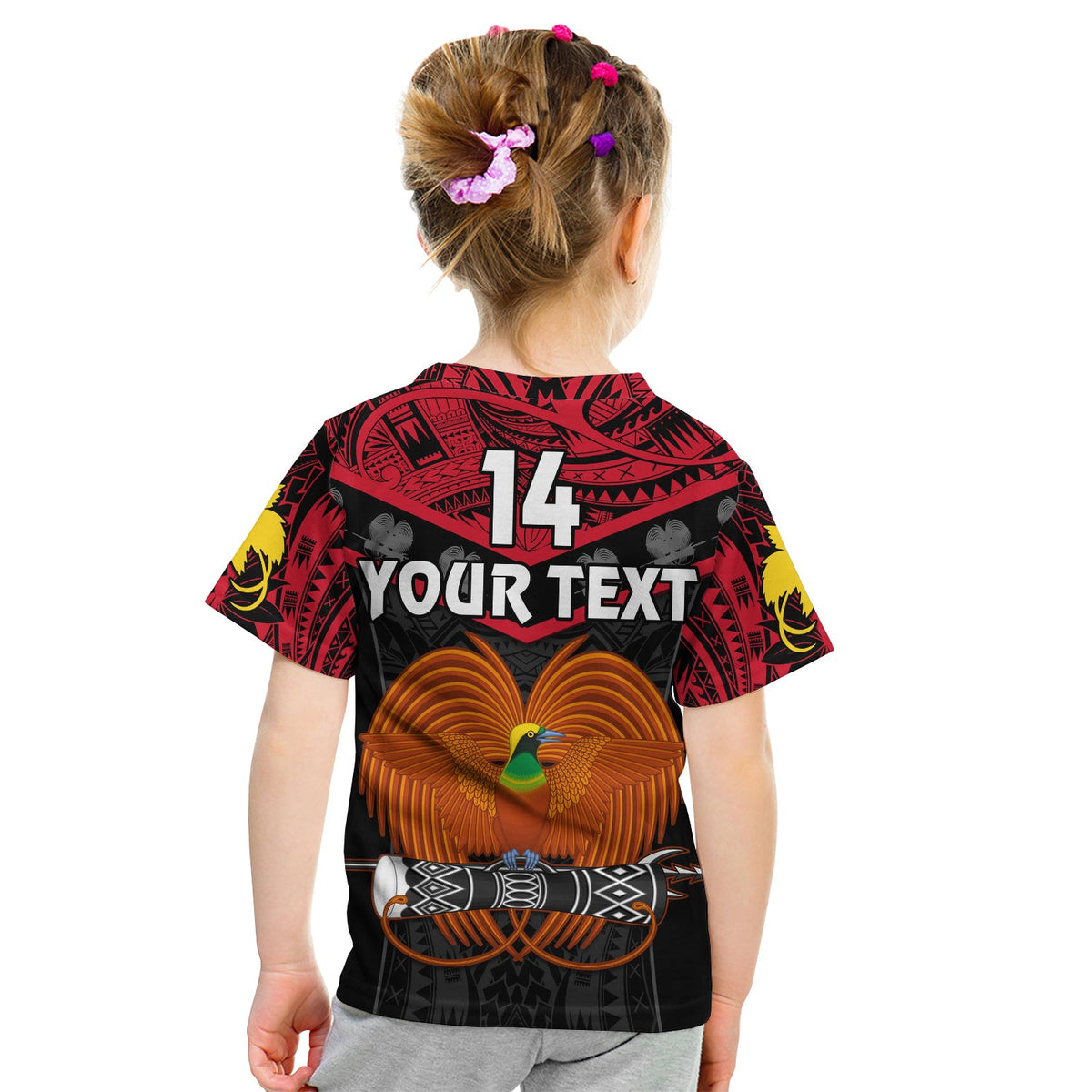 (Custom Text And Number) Papua New Guinea Rugby T Shirt KID PNG Kumuls Bird Of Paradise Black LT14 - Polynesian Pride