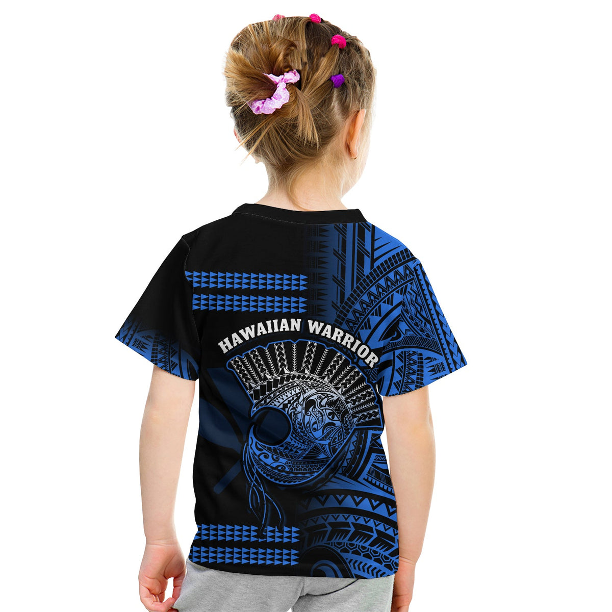 Hawaii T Shirt KID Kakau Warrior Helmet Gradient Blue Polynesian LT14 - Polynesian Pride