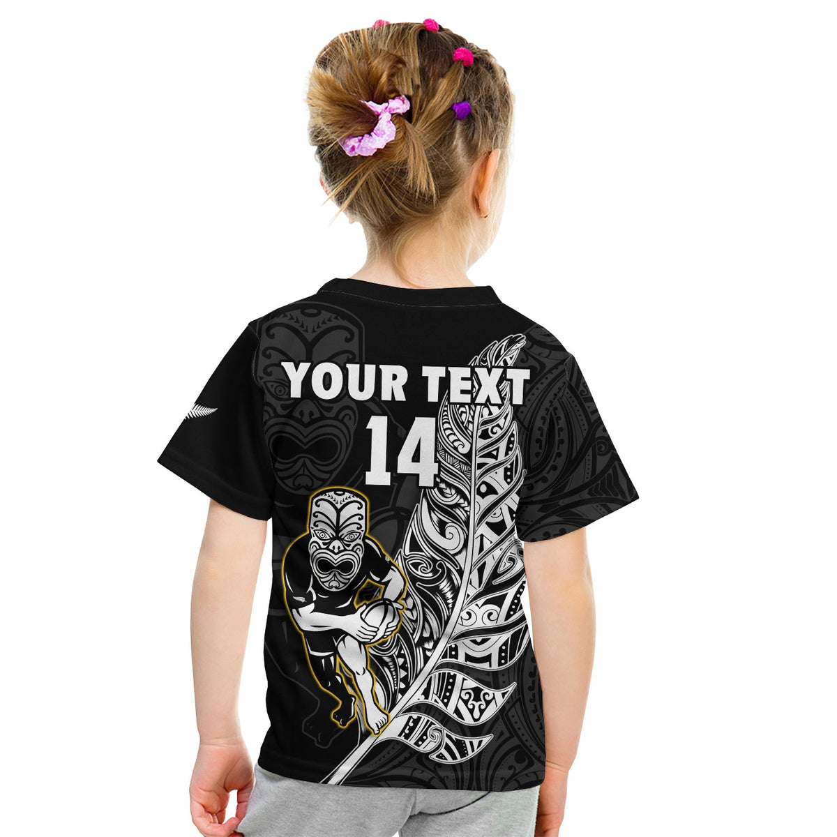 (Custom Text And Number) New Zealand Silver Fern Rugby T Shirt KID All Black Maori Version Black LT14 - Polynesian Pride
