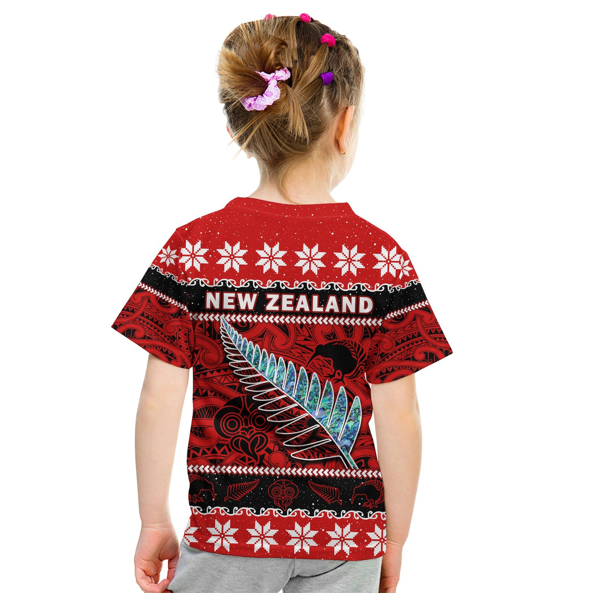 New Zealand Christmas T Shirt KID Paua Shell Silver Fern Meri Kirihimete LT14 - Polynesian Pride