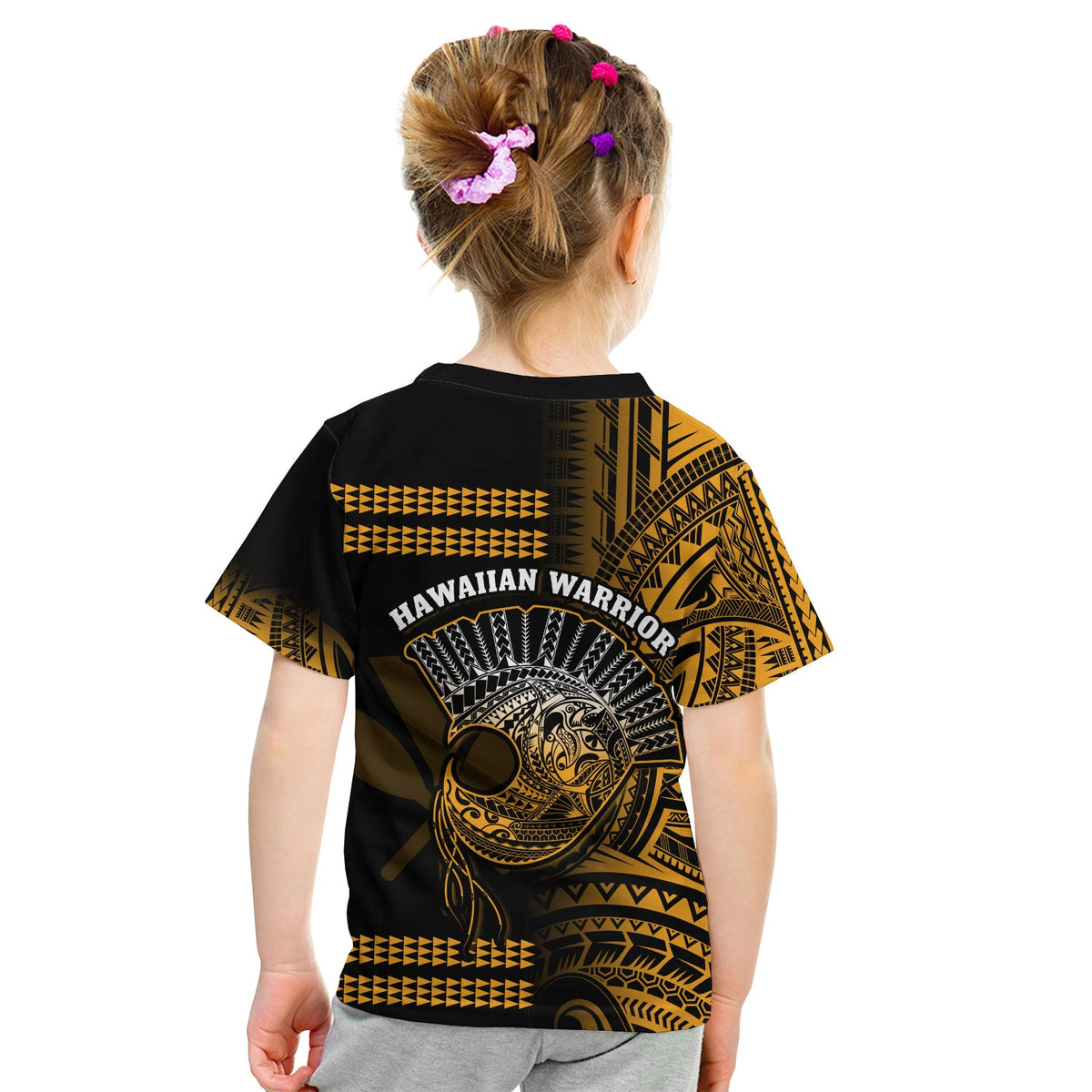 Hawaii T Shirt KID Kakau Warrior Helmet Gradient Gold Polynesian LT14 - Polynesian Pride