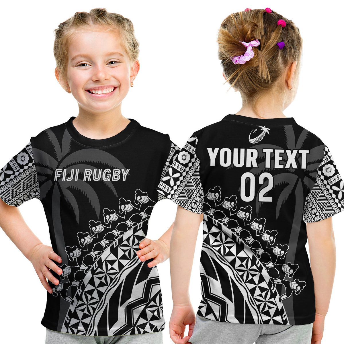 (Custom Text and Number) Fiji Rugby T Shirt Fijian Cibi Dance Tapa Pattern Black LT14 Kid Black - Polynesian Pride