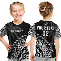 (Custom Text and Number) Fiji Rugby T Shirt Fijian Cibi Dance Tapa Pattern Black LT14 Kid Black - Polynesian Pride