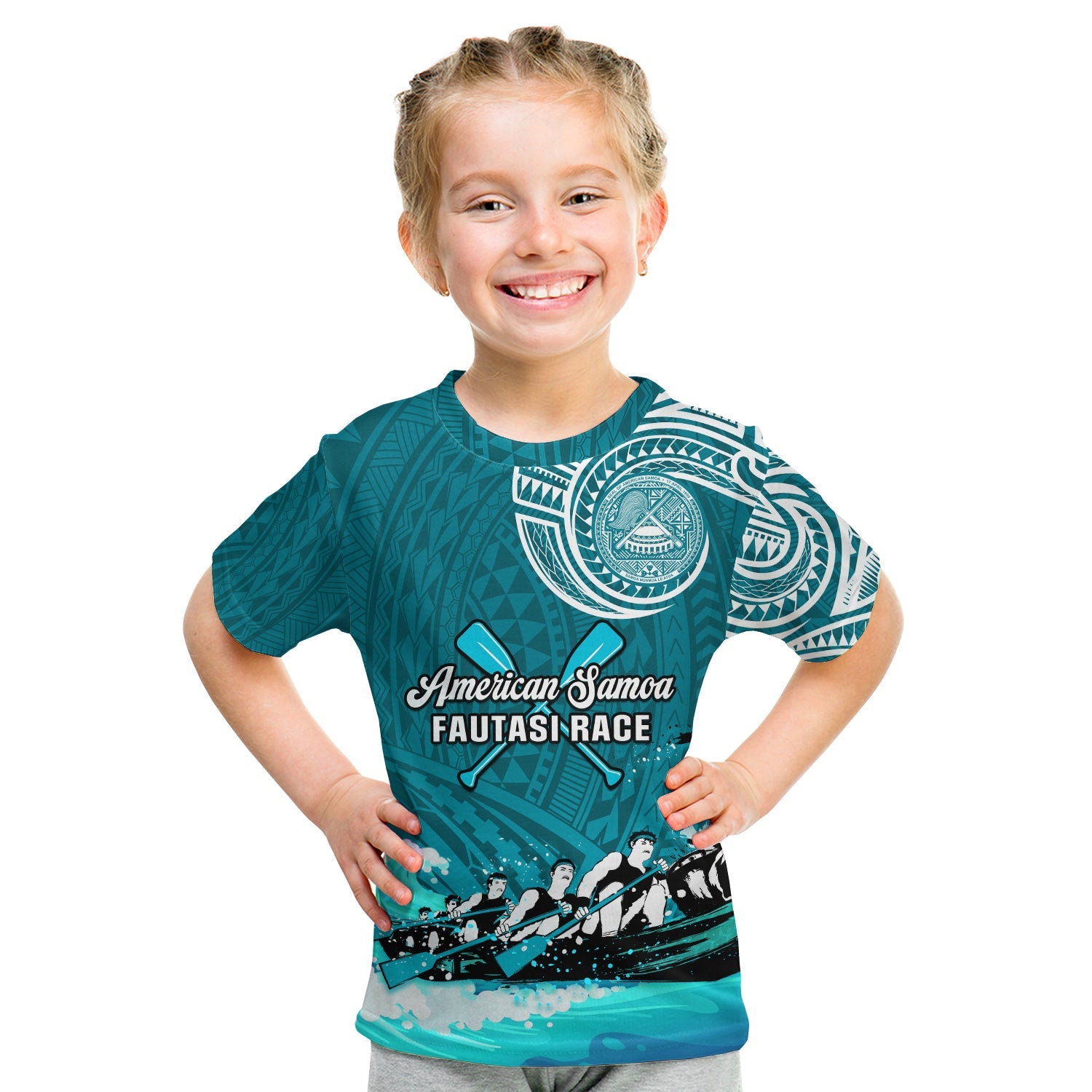 (Custom Personalised) American Samoa T Shirt KID Fautasi Race Samoan Pattern Ver.03 LT14 - Polynesian Pride