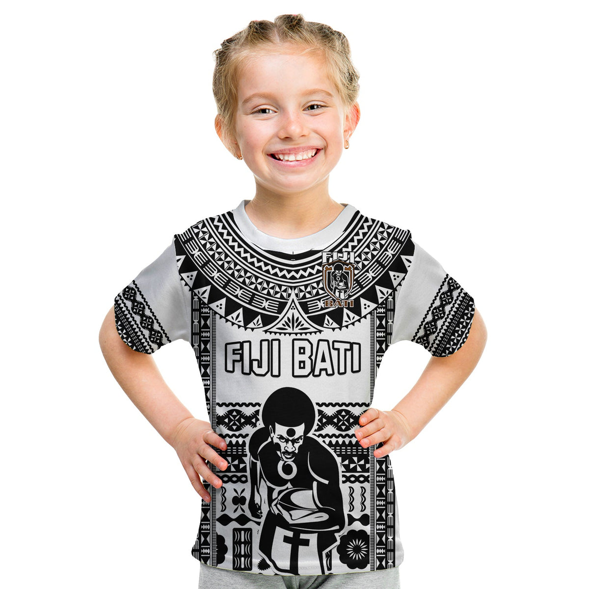 Custom Text And Number Fiji Rugby T Shirt KID Pacific The Bati Black Fijian Tapa LT14 - Polynesian Pride