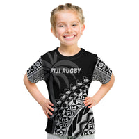 Fiji Rugby T Shirt Fijian Cibi Dance Tapa Pattern Black LT14 Kid Black - Polynesian Pride
