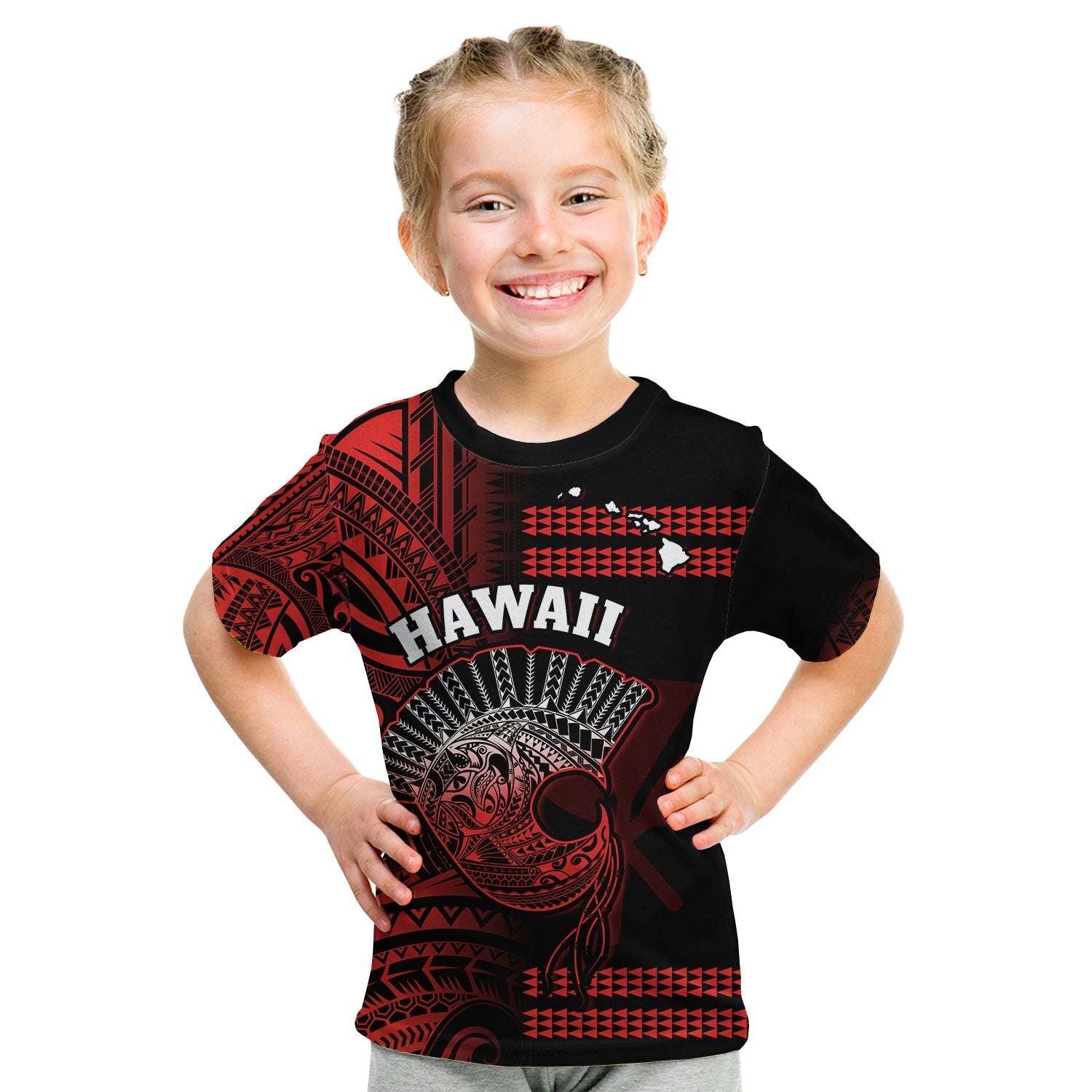 Hawaii T Shirt KID Kakau Warrior Helmet Gradient Red Polynesian LT14 - Polynesian Pride