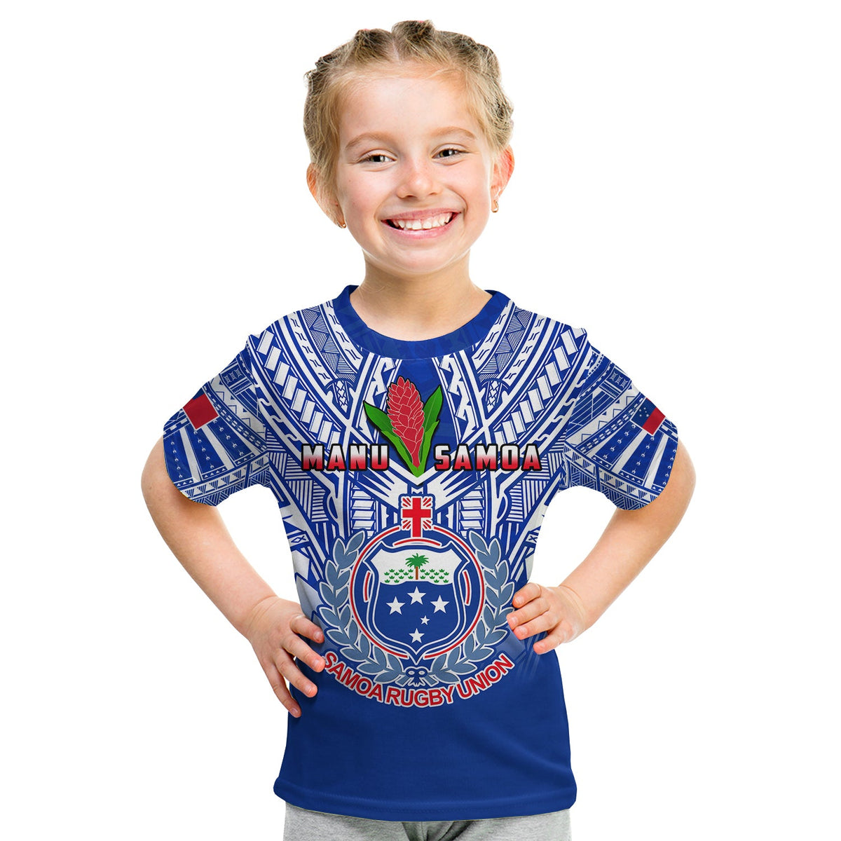 (Custom Text And Number) Samoa Rugby T Shirt KID Manu Samoa 7s Ginger Blue Polynesian LT14 - Polynesian Pride