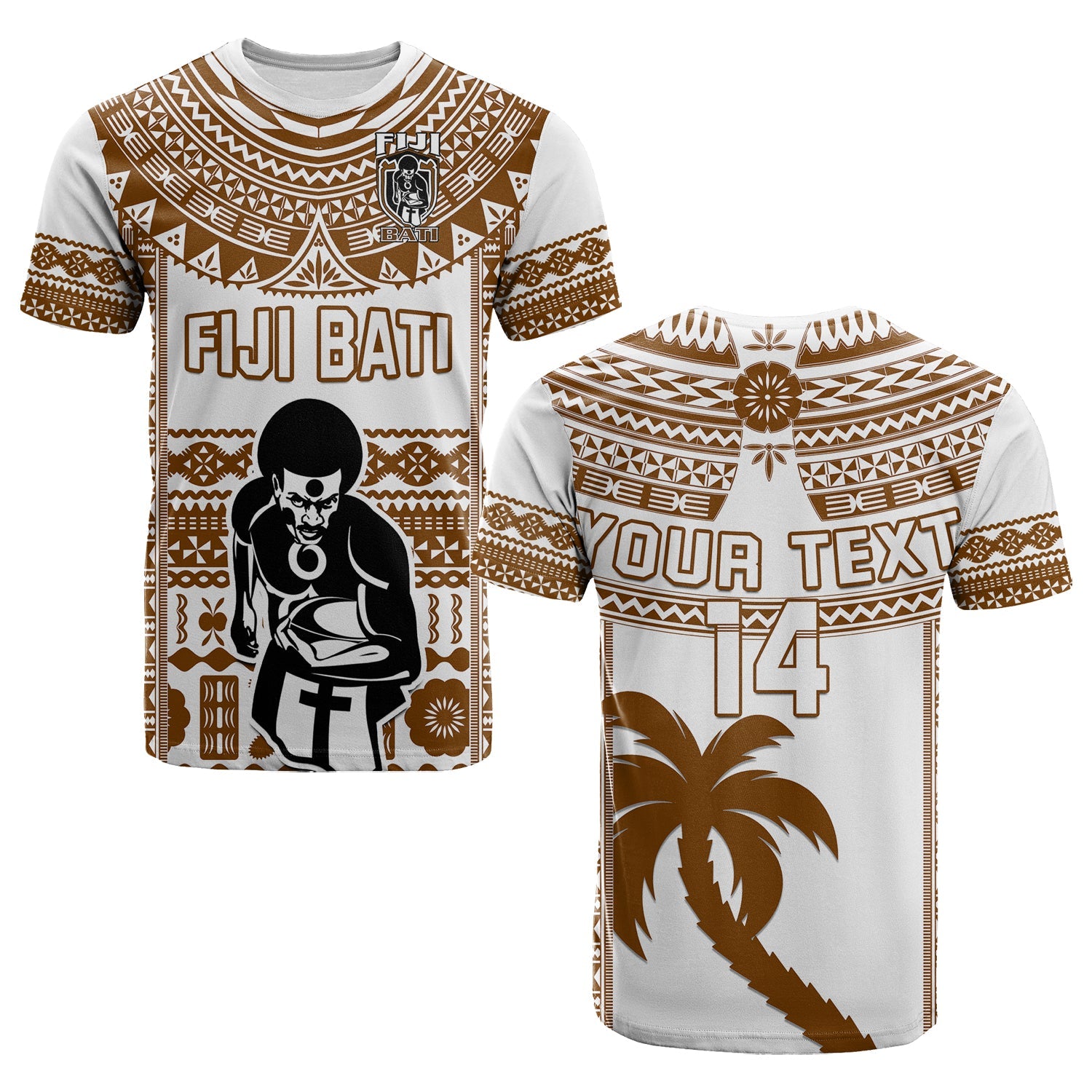 Custom Text and Number Fiji Rugby T Shirt Pacific The Bati Brown Fijian Tapa LT14 Adult Brown - Polynesian Pride