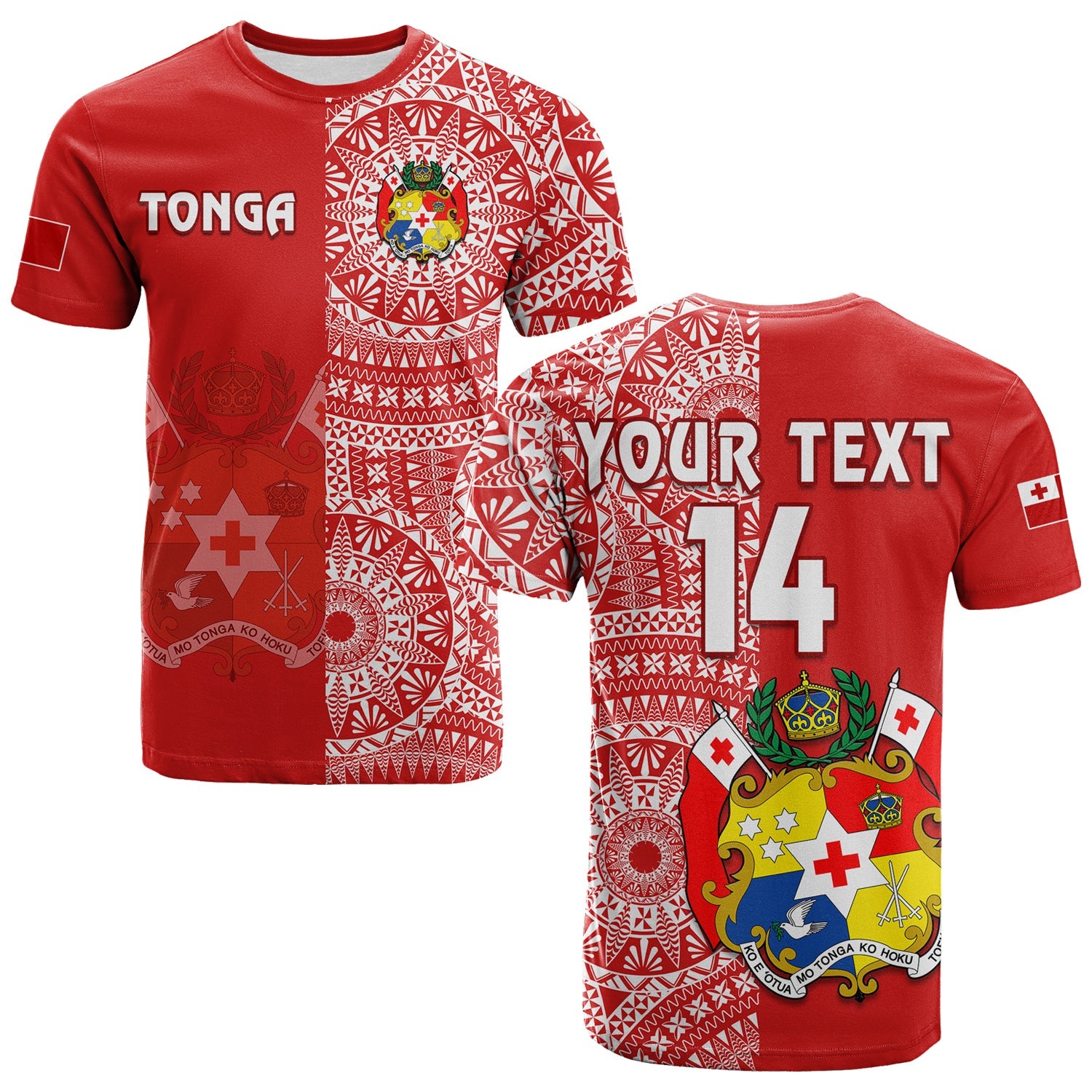 (Custom Text and Number) Tonga T Shirt Tongan Coat of Arms Ngatu Pattern LT14 Adult Red - Polynesian Pride