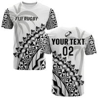 (Custom Text and Number) Fiji Rugby T Shirt Fijian Cibi Dance Tapa Pattern White LT14 Adult White - Polynesian Pride