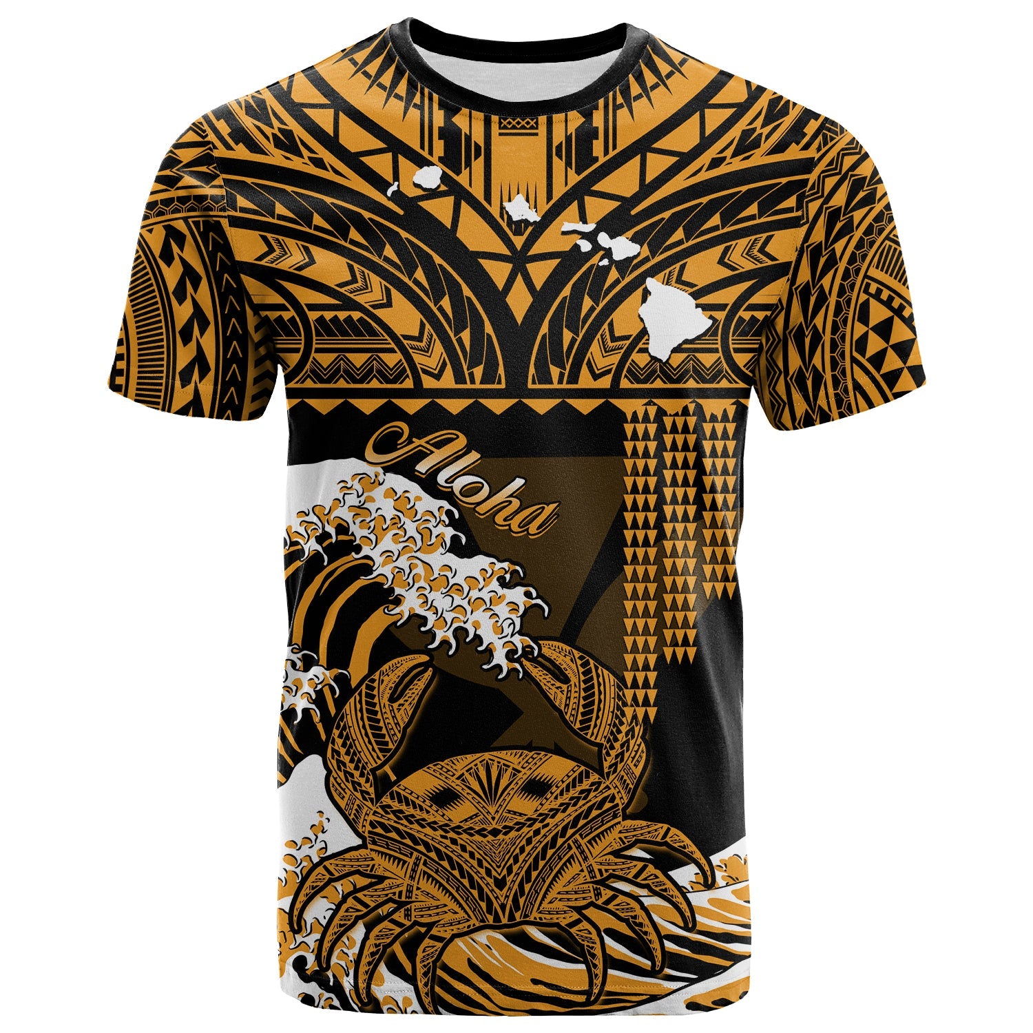 Custom Hawaii T Shirt Kakau Polynesian Crab With Waves Ver.02 LT14 Gold - Polynesian Pride