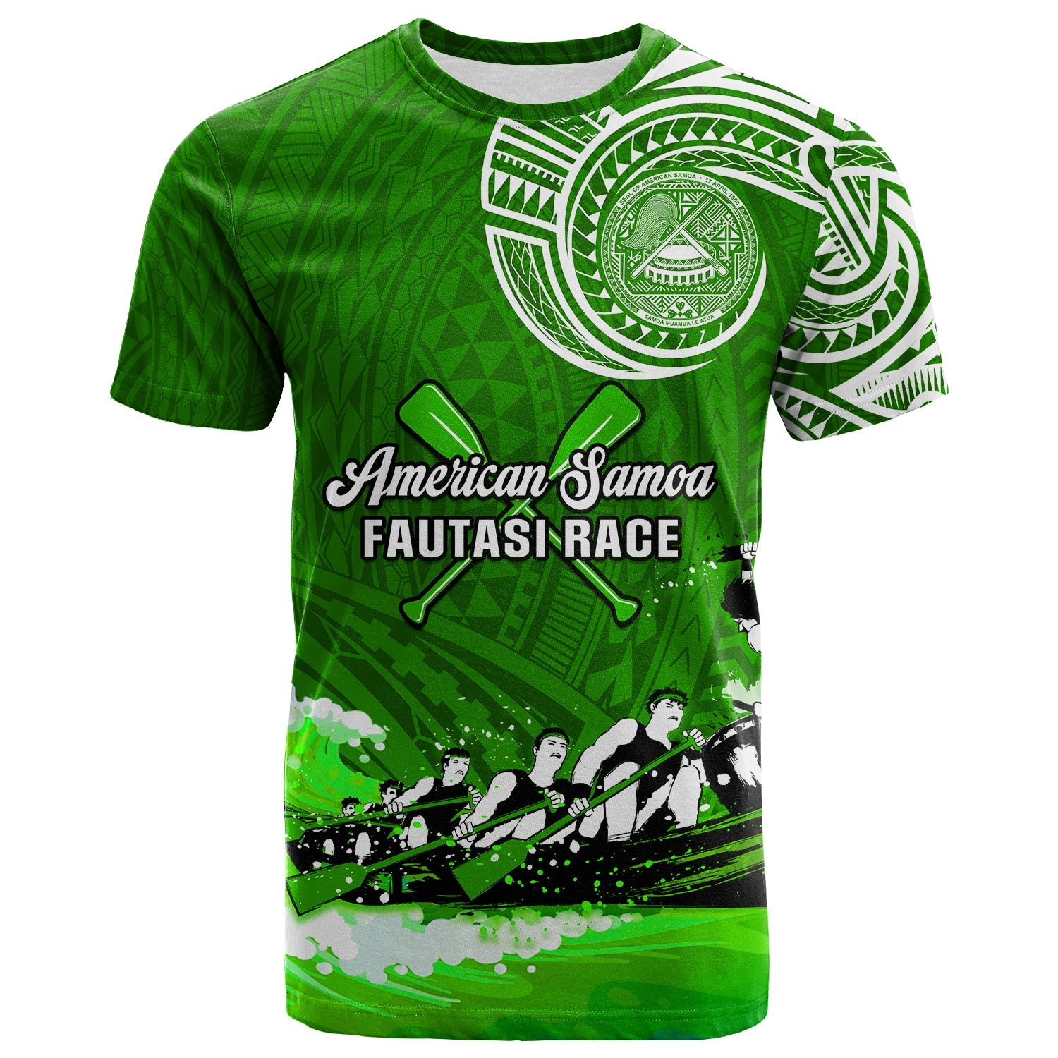 Custom American Samoa T Shirt Fautasi Race Samoan Pattern Ver.02 LT14 Green - Polynesian Pride