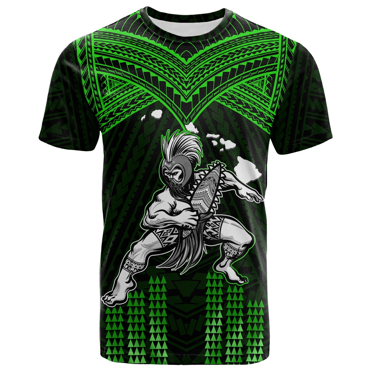 Custom Hawaii T Shirt Hawaiian Warrior With Weapon Polynesian Ver.03 LT14 Green - Polynesian Pride