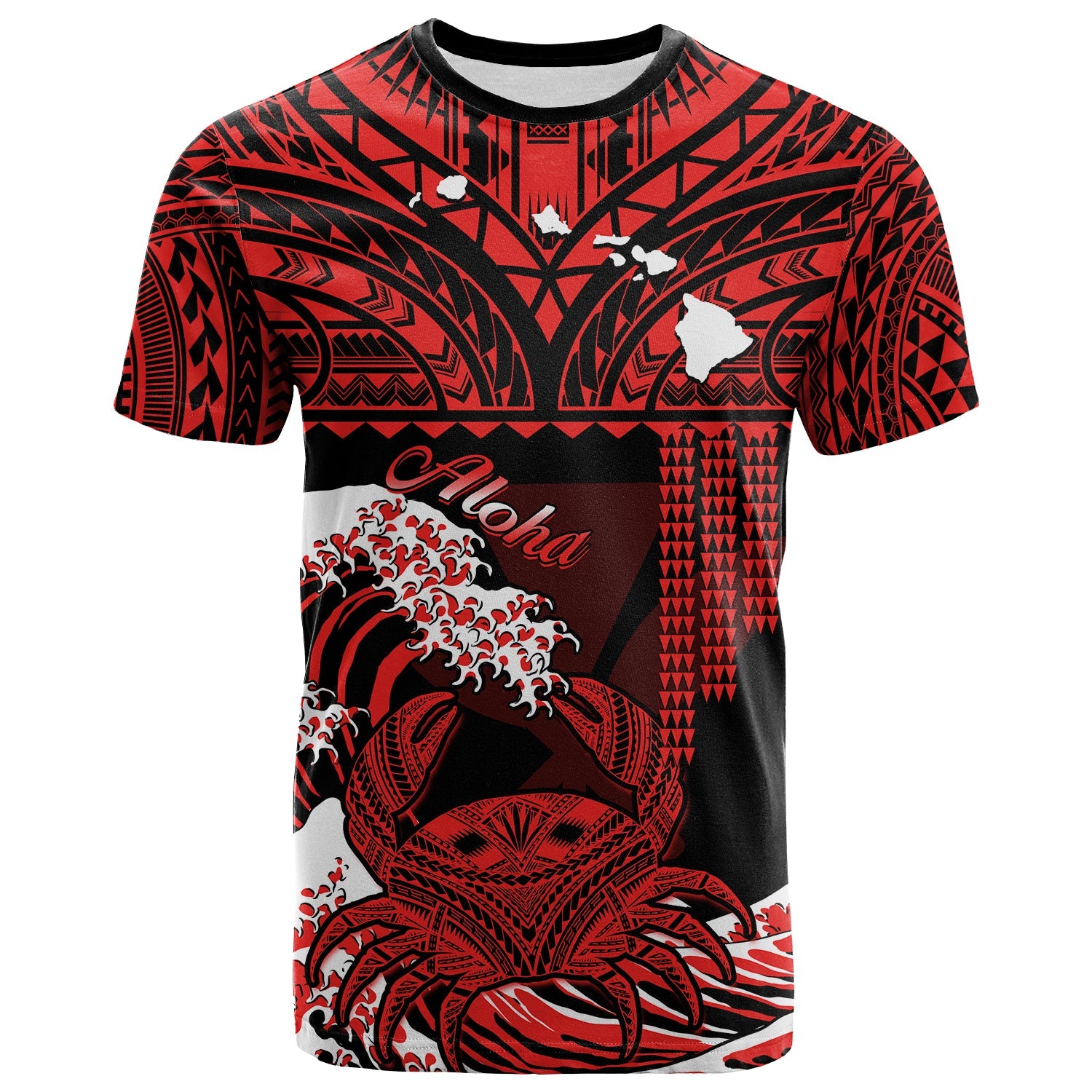 Custom Hawaii T Shirt Kakau Polynesian Crab With Waves Ver.03 LT14 Red - Polynesian Pride