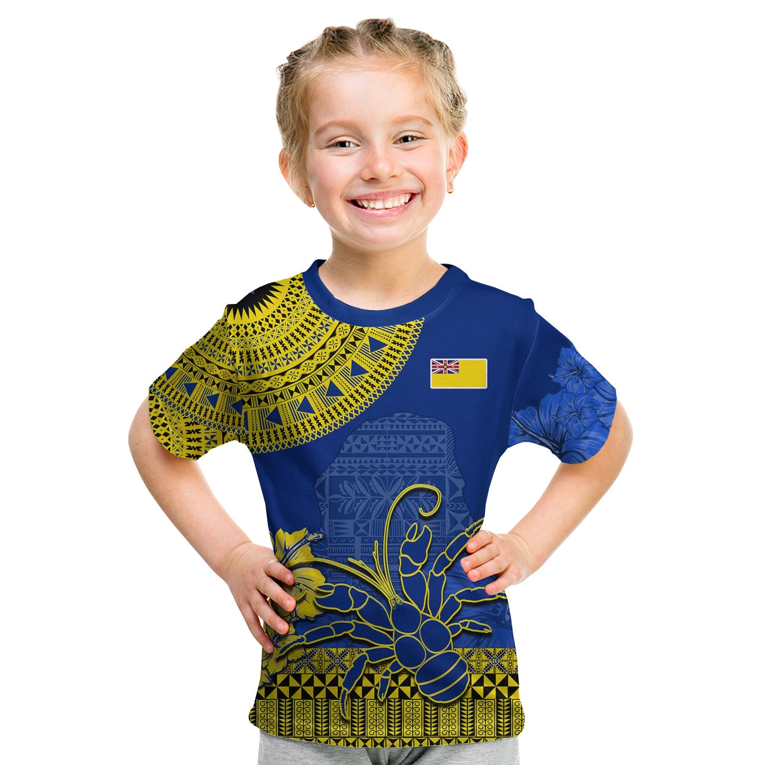 Niue Hiapo T Shirt KID Rock of Polynesia Tapa Niuean Crab Happy Day LT13 - Polynesian Pride
