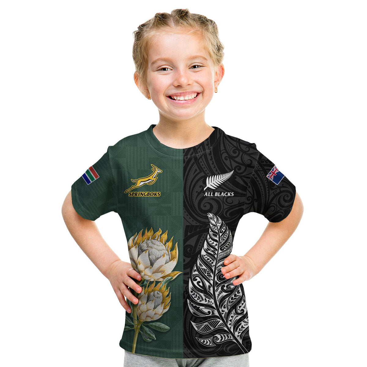 South Africa Protea and New Zealand Fern T Shirt KID Rugby Go Springboks vs All Black LT13 - Polynesian Pride