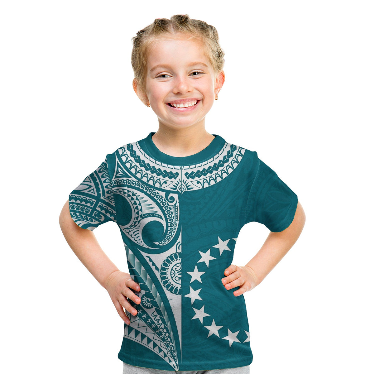 (Custom Text and Number) Cook Islands Tatau T Shirt KID Symbolize Passion Stars Version Blue LT13 - Polynesian Pride
