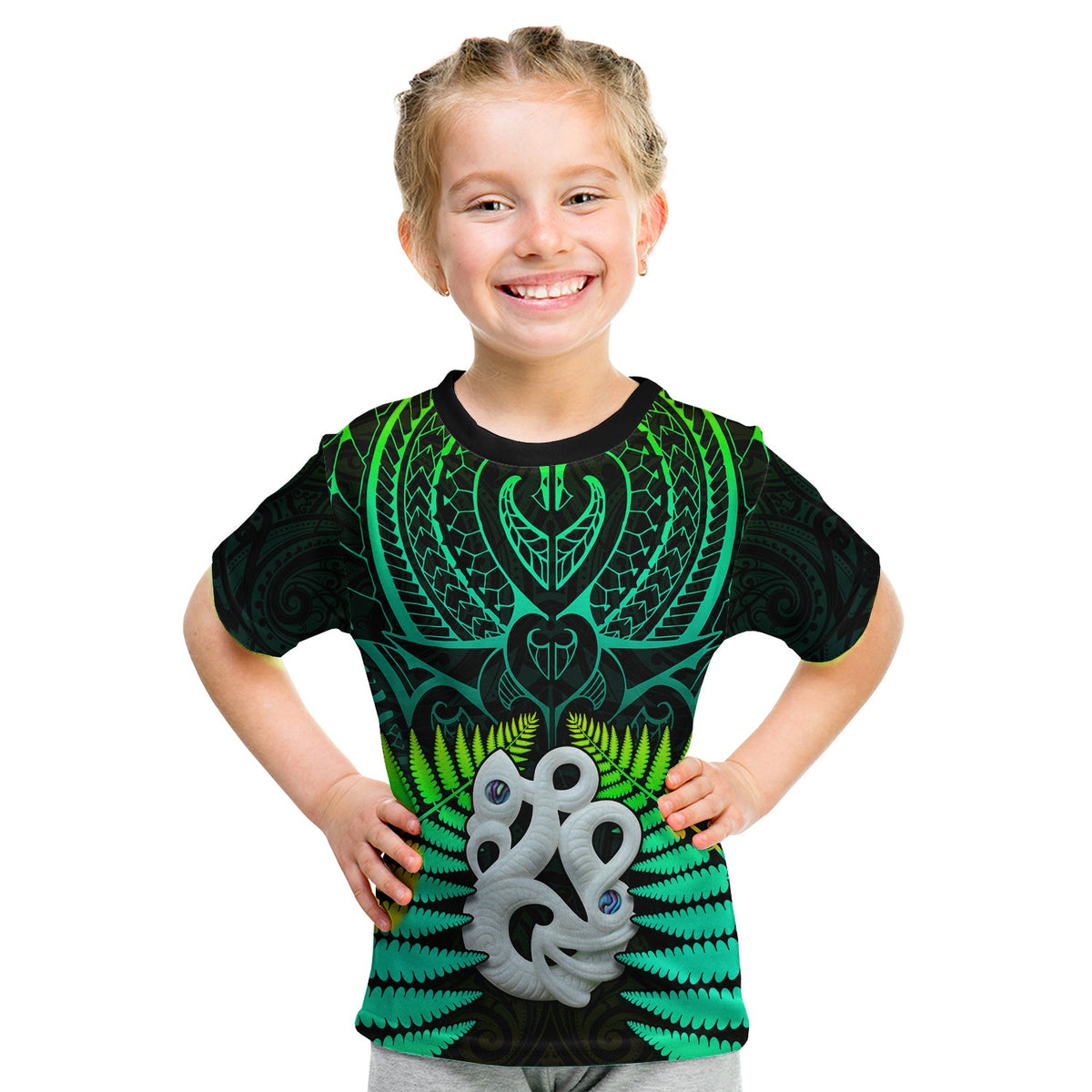 (Custom Text and Number) Aotearoa Fern T Shirt KID New Zealand Hei Tiki Green Style LT13 Youth XL Size14 - Polynesian Pride