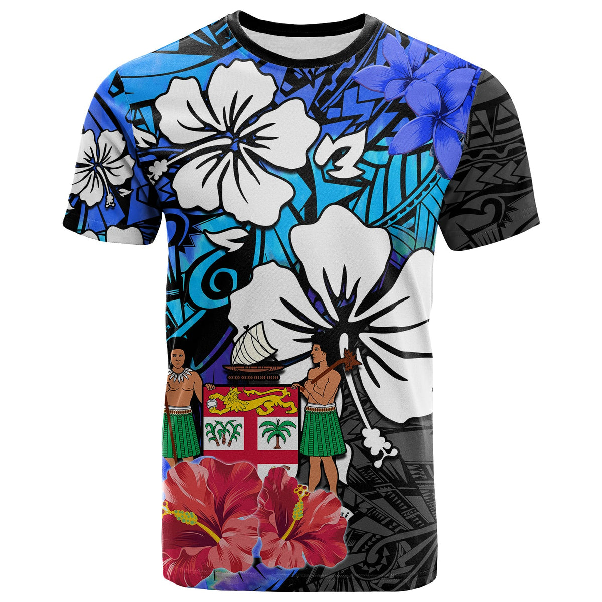 (Custom Text and Number) Fiji Tie Dye T Shirt Polynesian Blue Tribal Creative Tropical Flowers LT13 - Polynesian Pride