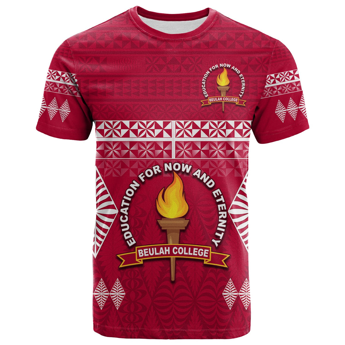 Beulah College T Shirt Ngatu Pattern Tonga LT13 Maroon - Polynesian Pride