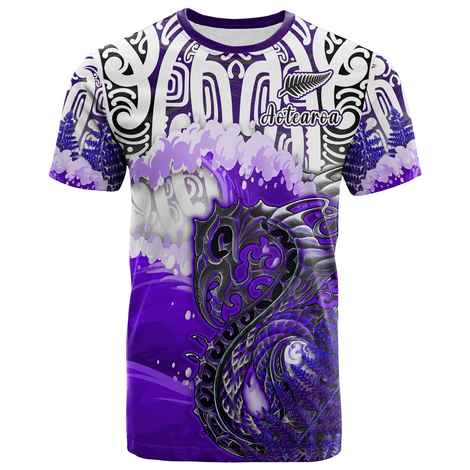 Custom Manaia Maori T Shirt Fern Aotearoa Purple Waves LT13 Purple - Polynesian Pride