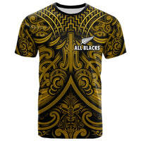 (Custom Text and Number) New Zealand Silver Fern Rugby T Shirt All Black Gold NZ Maori Pattern LT13 Gold - Polynesian Pride