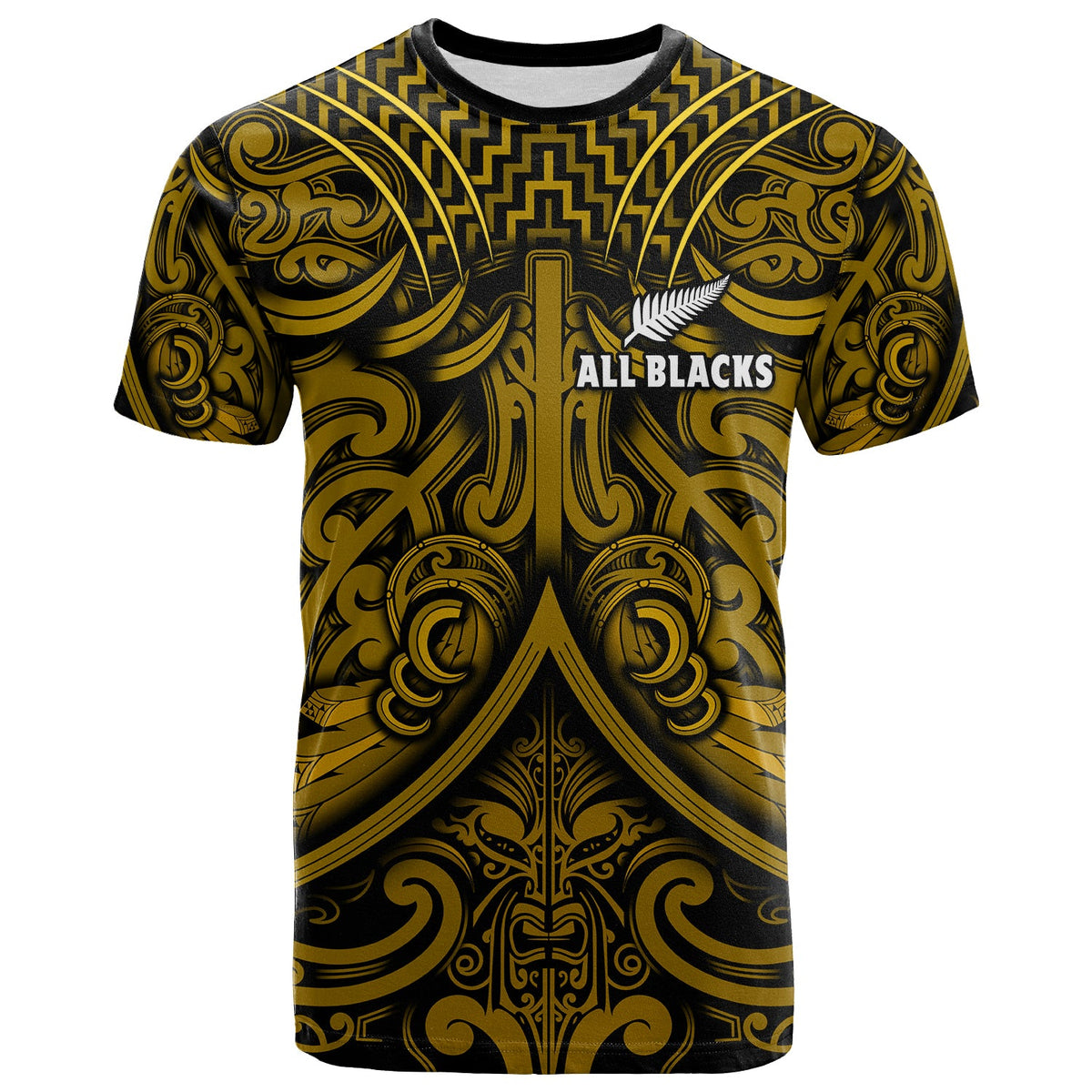 New Zealand Silver Fern Rugby T Shirt All Black Gold NZ Maori Pattern LT13 Gold - Polynesian Pride