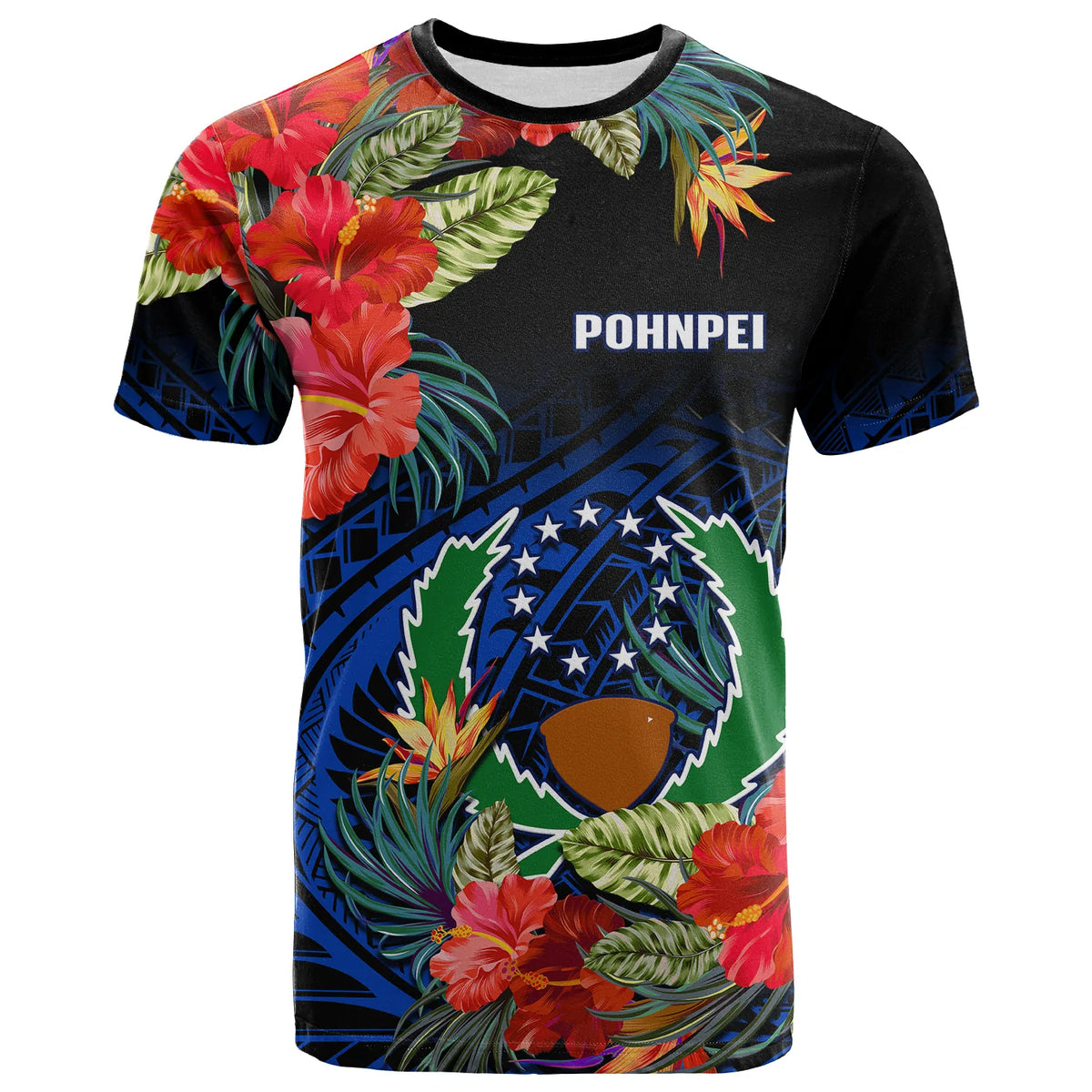 Custom Pohnpei State T Shirt FSM Hibiscus Flowers Mix Polynesian LT14 Blue - Polynesian Pride