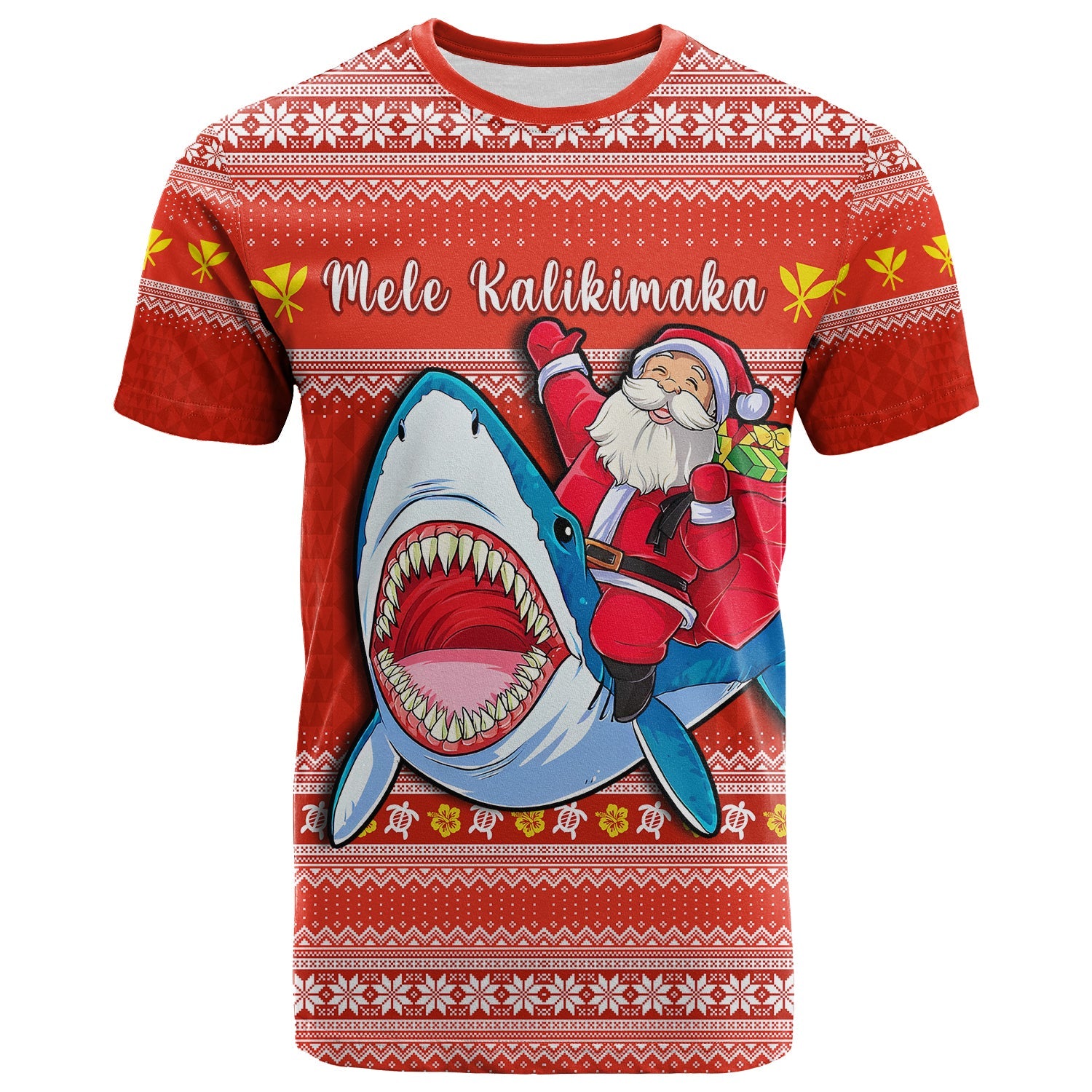 Custom Hawaii Christmas T Shirt Santa Shark Mele Kalikimaka Tribal LT14 Red - Polynesian Pride