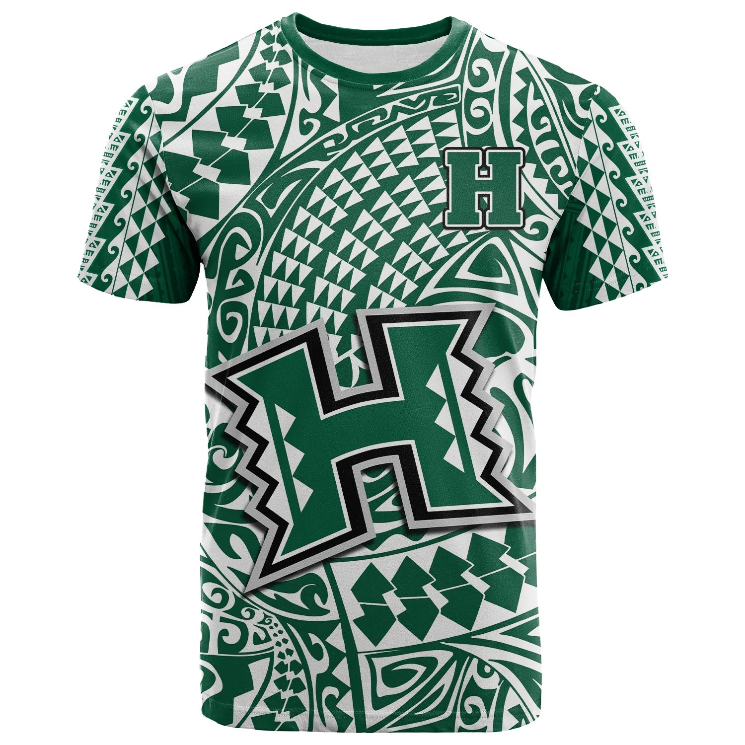 (Custom Text and Number) Hawaii Football T Shirt Rainbow Warriors Tribal Kakau LT14 Green - Polynesian Pride