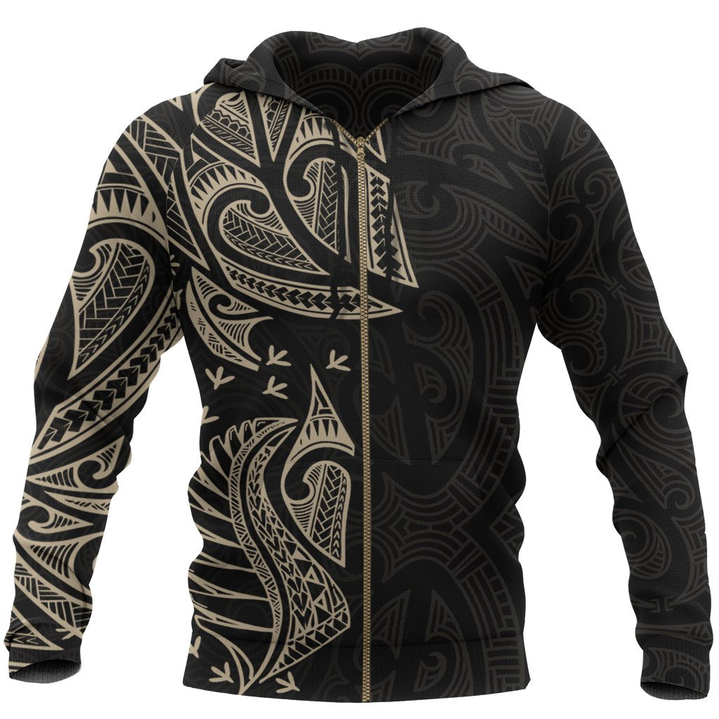 New Zealand Maori Zip Hoodie, Ta Moko Tattoo Full Zip Hoodie Tan Unisex Black - Polynesian Pride