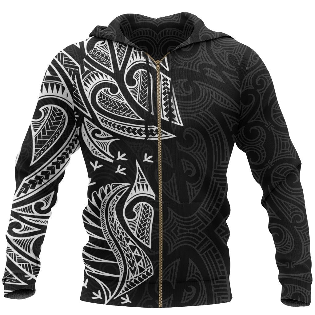 New Zealand Maori Zip Hoodie, Ta Moko Tattoo Full Zip Hoodie White Unisex Black - Polynesian Pride