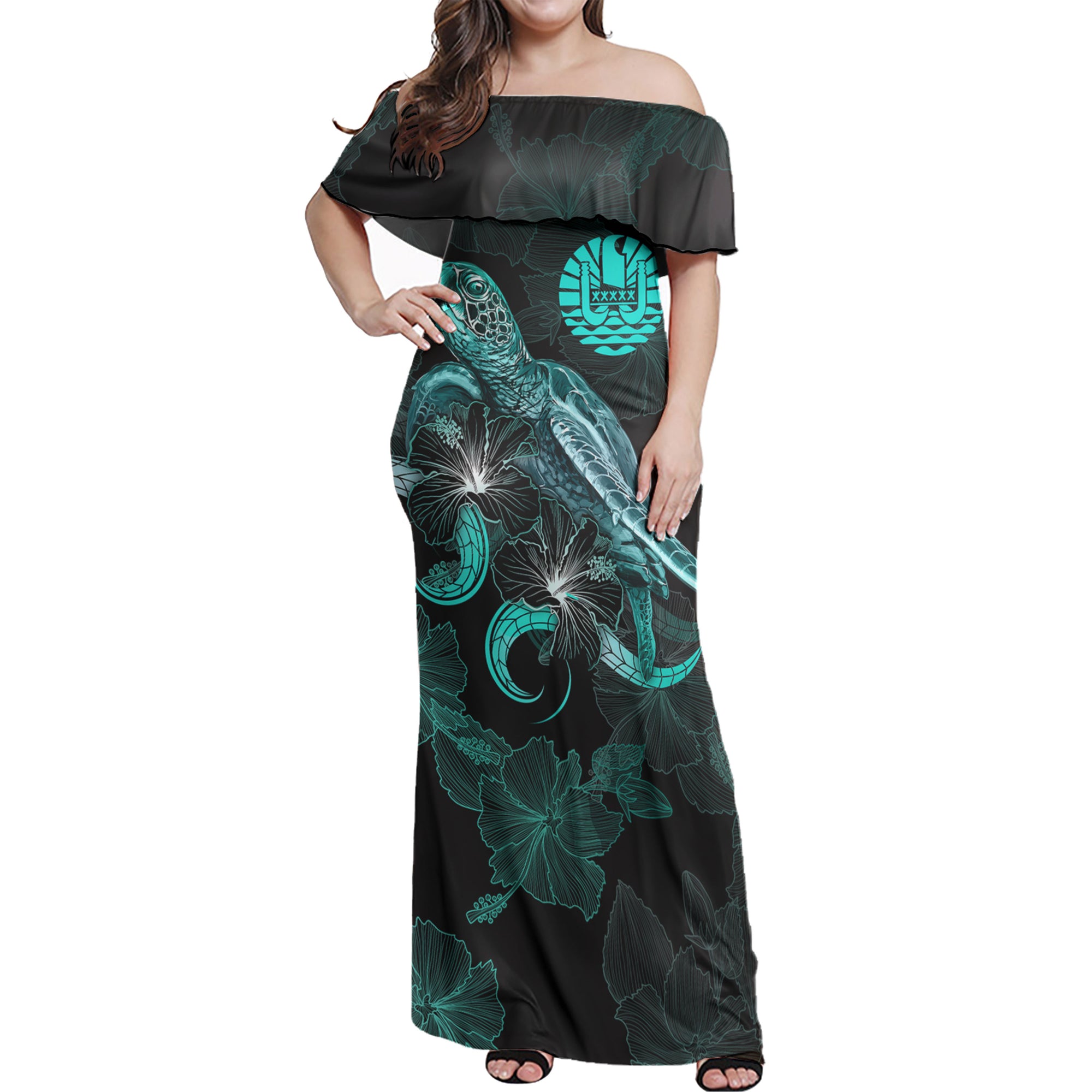 Tahiti Off Shoulder Long Dress - Tahiti Coat Of Arms With Polynesian Turtle Blooming Hibiscus Turquoise Women Turquoise - Polynesian Pride