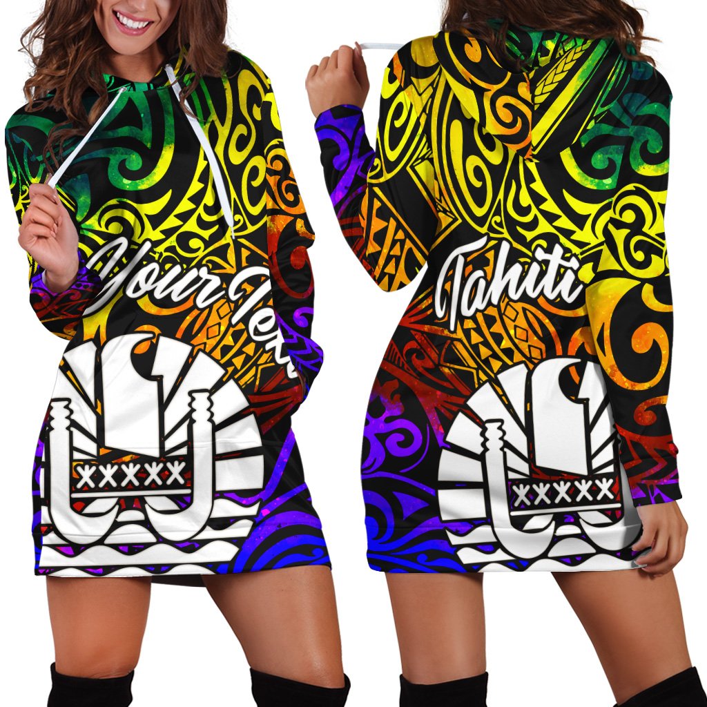 Tahiti Custom Personalised Hoodie Dress - Rainbow Polynesian Pattern Rainbow - Polynesian Pride