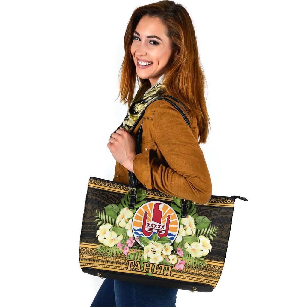 Tahiti Leather Tote - Polynesian Gold Patterns Collection Black - Polynesian Pride