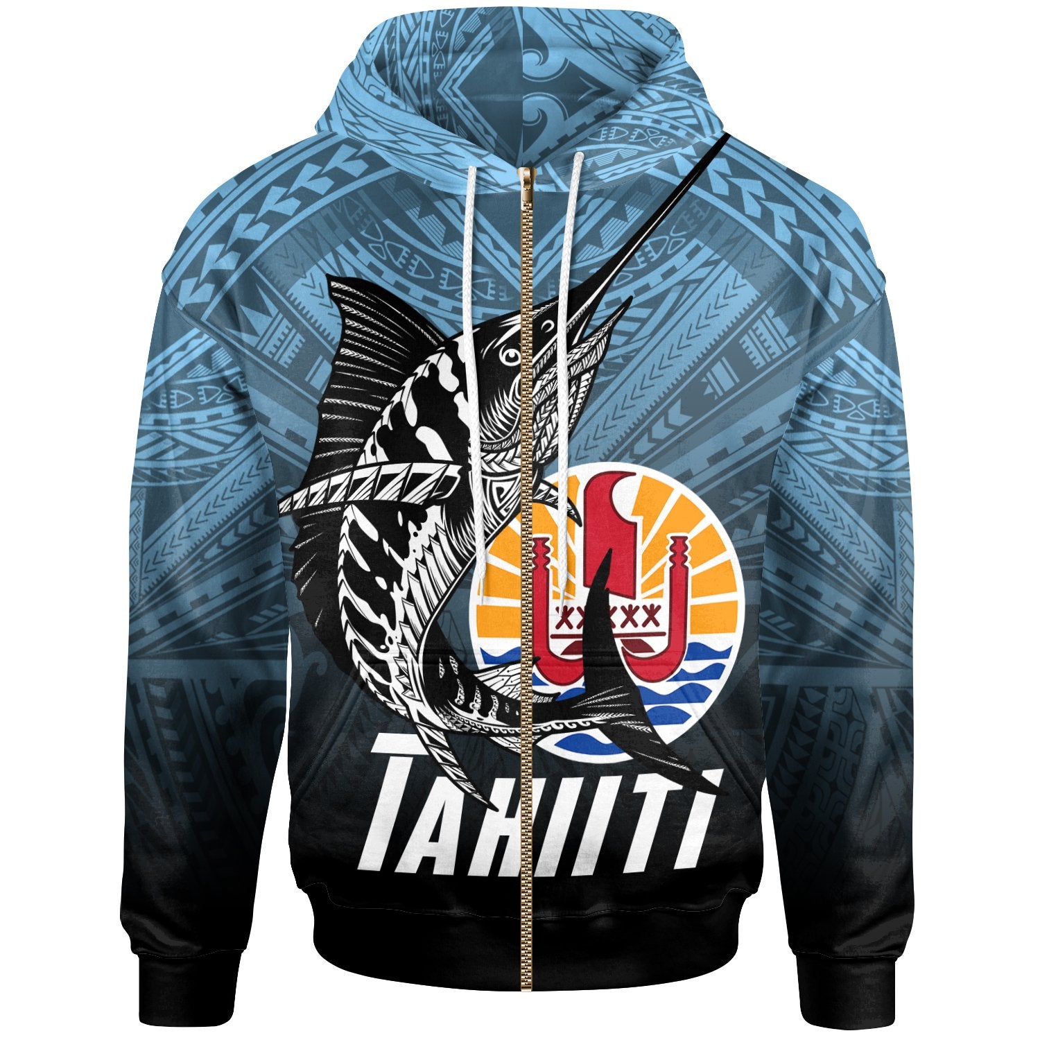 Tahiti Zip up Hoodie Polynesian Marlin Fish Unisex Blue - Polynesian Pride