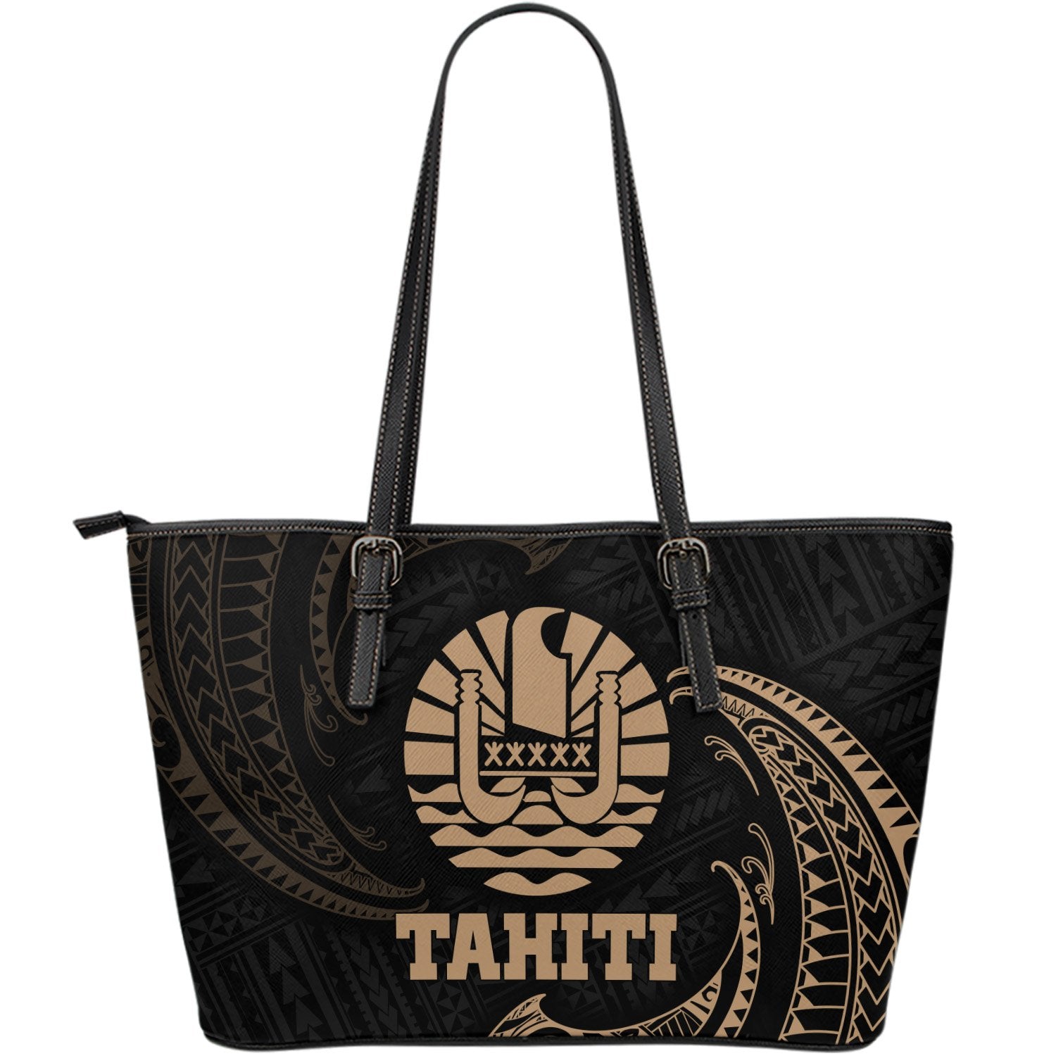 Tahiti Polynesian Leather Tote Bag - Gold Tribal Wave Black - Polynesian Pride