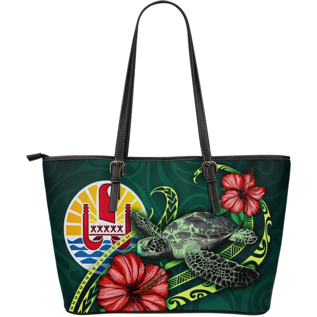 Tahiti Polynesian Leather Tote Bag - Green Turtle Hibiscus Green - Polynesian Pride