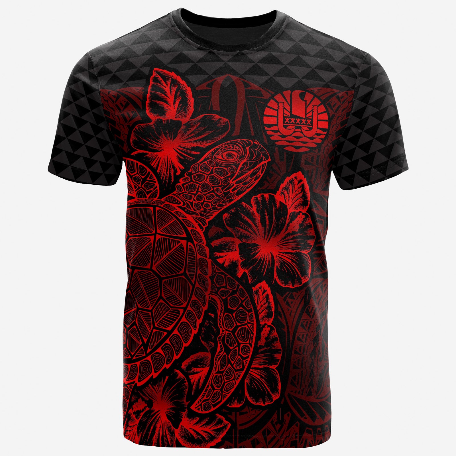 Tahiti Polynesian T Shirt Tahitian FLag Turtle Hibiscus Red Unisex Red - Polynesian Pride