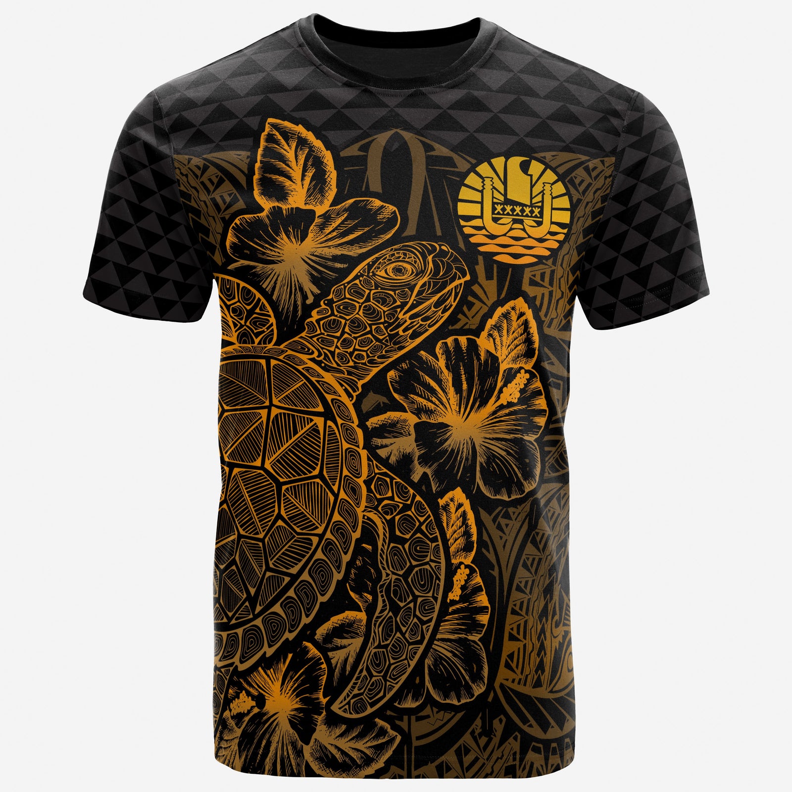 Tahiti Polynesian T Shirt Tahitian FLag Turtle Hibiscus Gold Unisex Gold - Polynesian Pride