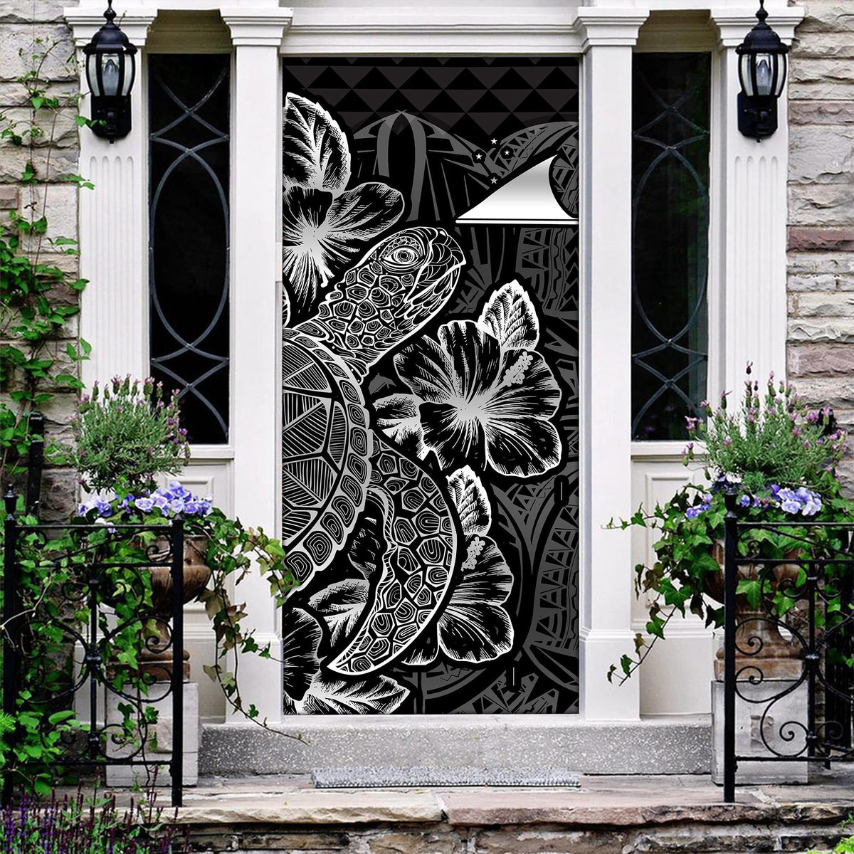 Tokelau Door Cover Turtle Hibiscus Black Black - Polynesian Pride