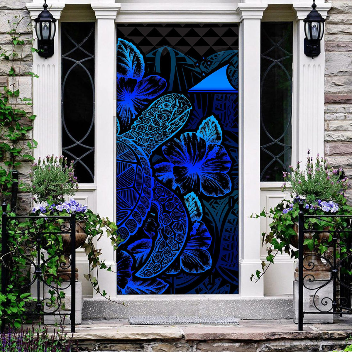 Tokelau Door Cover Turtle Hibiscus Blue Blue - Polynesian Pride