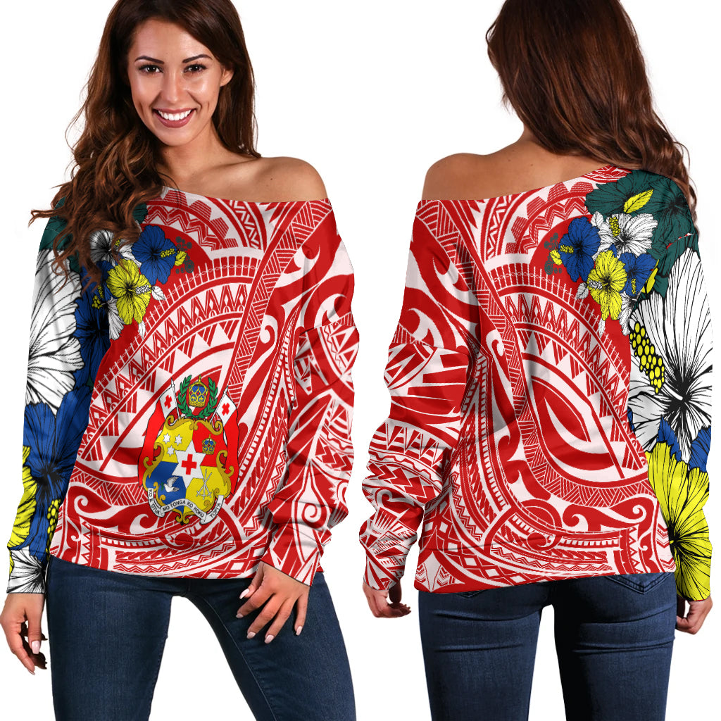 Tonga Off Shoulder Sweater - Polynesian Pattern Red Color LT7 Red - Polynesian Pride