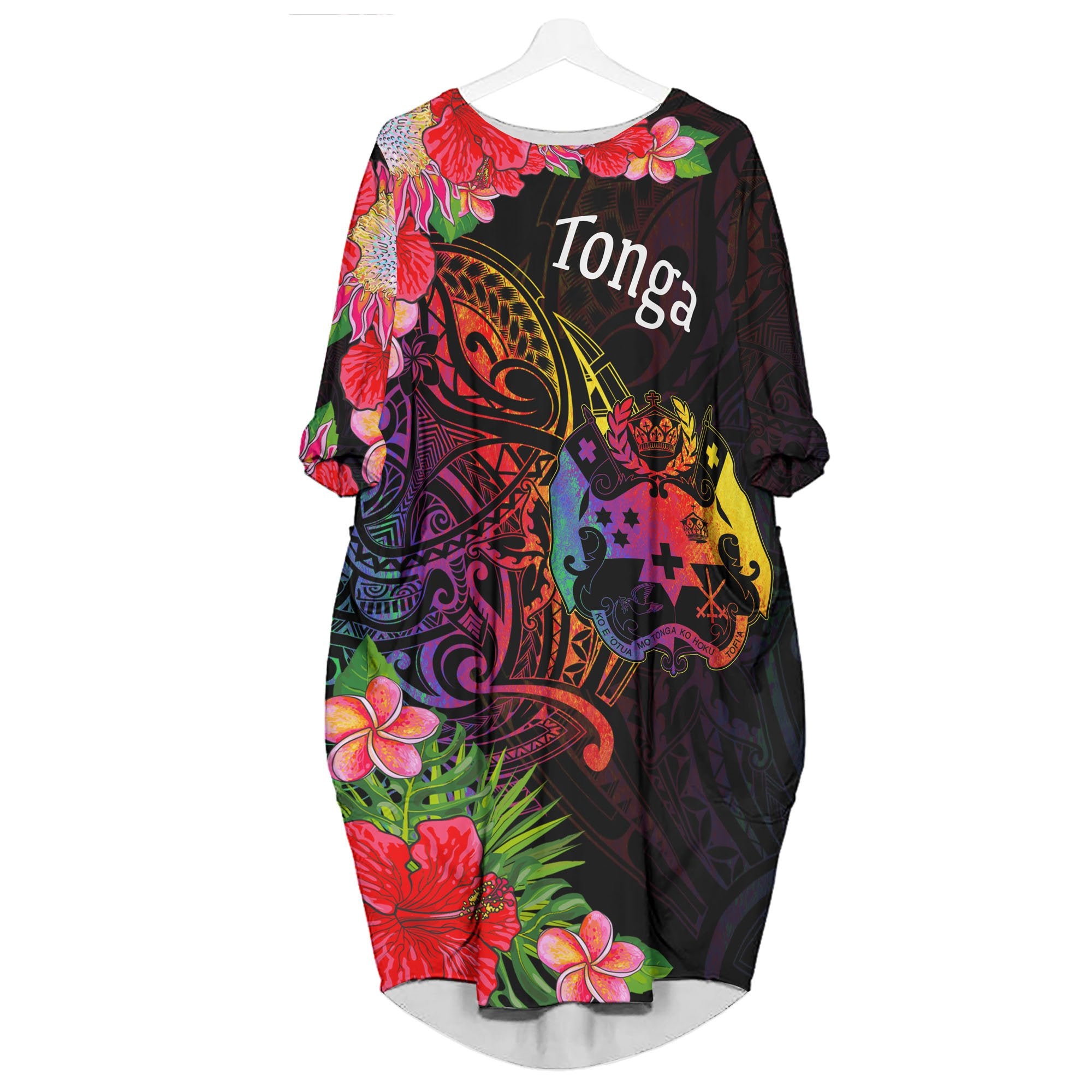 Tonga Batwing Pocket Dress - Tropical Hippie Style Women Black - Polynesian Pride