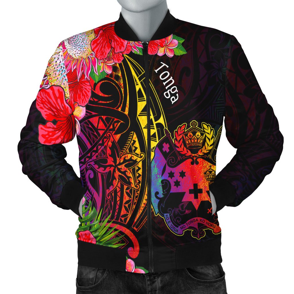 Tonga Men's Bomber Jacket - Tropical Hippie Style Black - Polynesian Pride